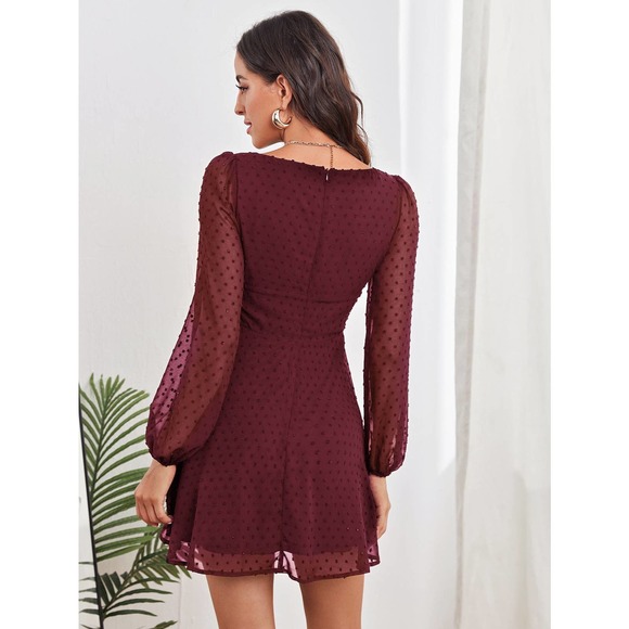 sheer long sleeve Ruched Bust Lantern Sleeve Swiss Dot mini Dress black - Picture 3 of 11